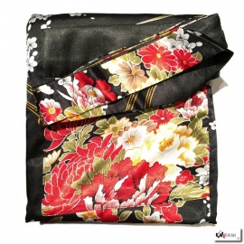 Kimono long satiné réversible 2 poches imprimé FLEURS noir (120cm)