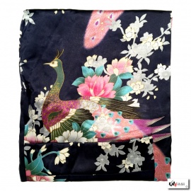 Kimono court satiné 2 poches imprimé FLEURS & PAON bleu nuit (90cm)