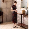 Robe chinoise (qipao 旗袍) longue NOiRE motif PRUNiER ROUGE (100% polyester)