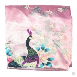 Kimono long satiné imprimé FLEURS & PAON rose clair (120cm)